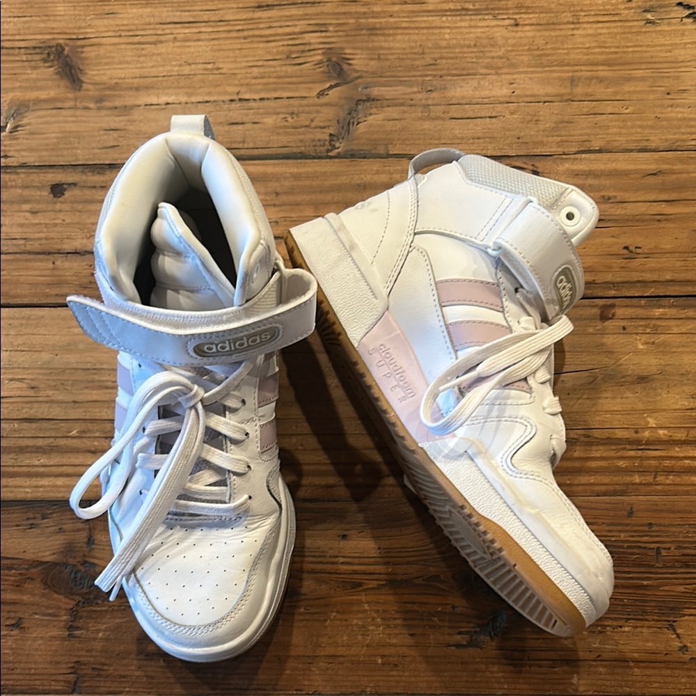 Adidas high top sneakers. White with light pink stripes. Lightly worn.